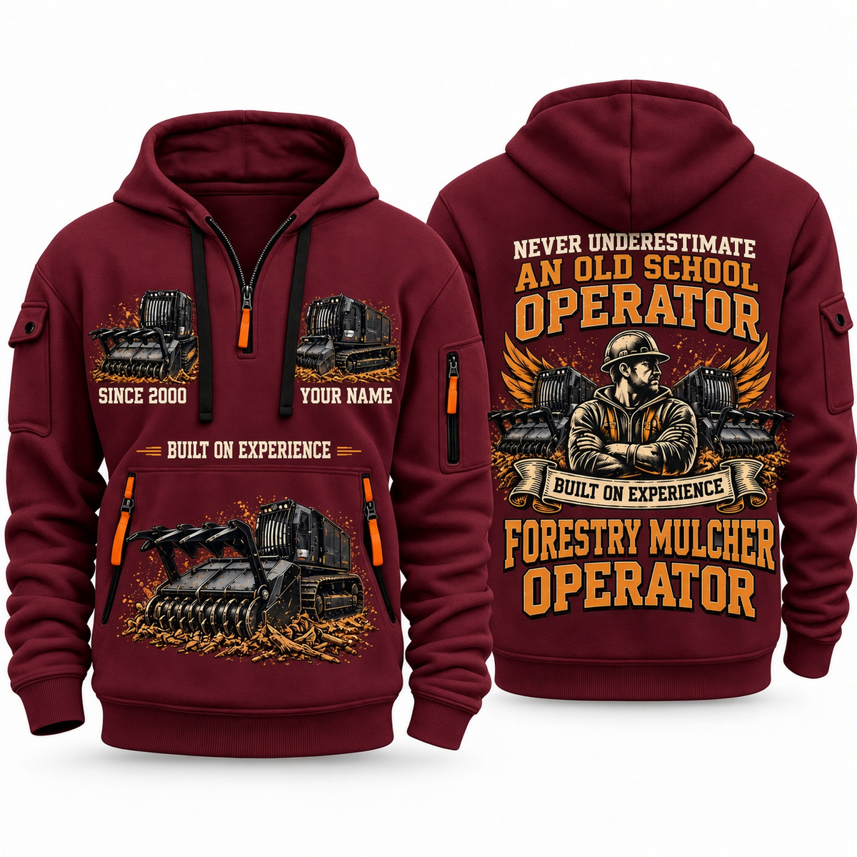 Prinoth Raptor 300 Forestry Mulcher Operator quarter zip hoodie in Wine Red, front and back views, sample YOUR NAME and SINCE 2000 artwork