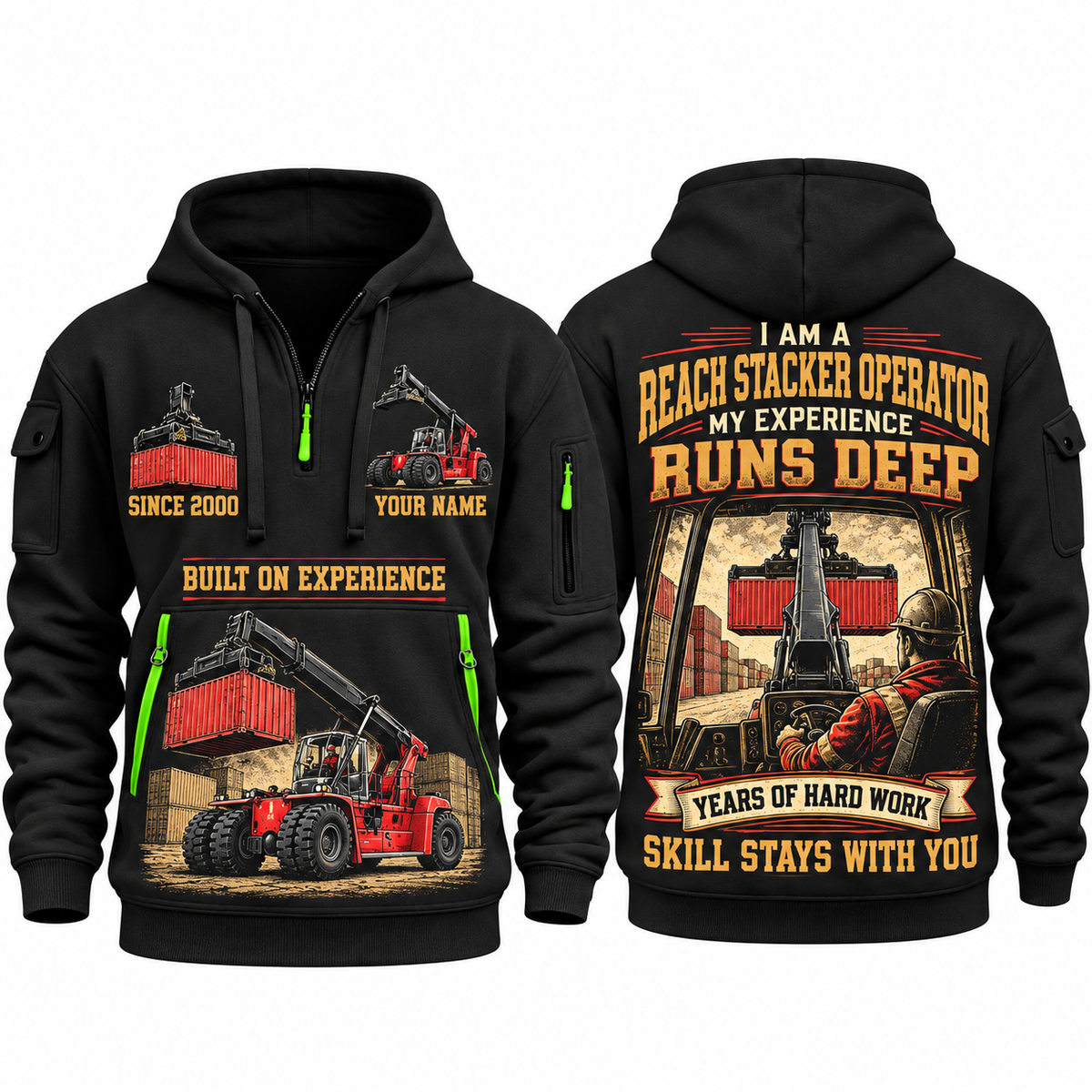 Kalmar DRG450-65S5 Reach Stacker quarter zip hoodie in Black, front and back views, sample YOUR NAME and SINCE 2000 artwork