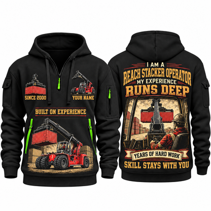 Kalmar DRG450-65S5 Reach Stacker quarter zip hoodie in Black, front and back views, sample YOUR NAME and SINCE 2000 artwork