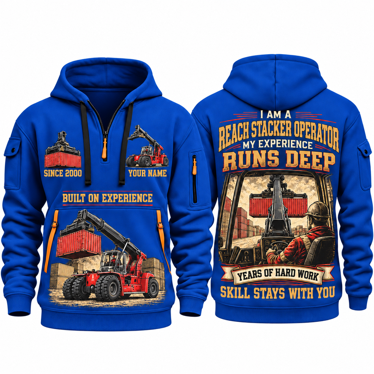 Kalmar DRG450-65S5 Reach Stacker quarter zip hoodie in Blue, front and back views, sample YOUR NAME and SINCE 2000 artwork