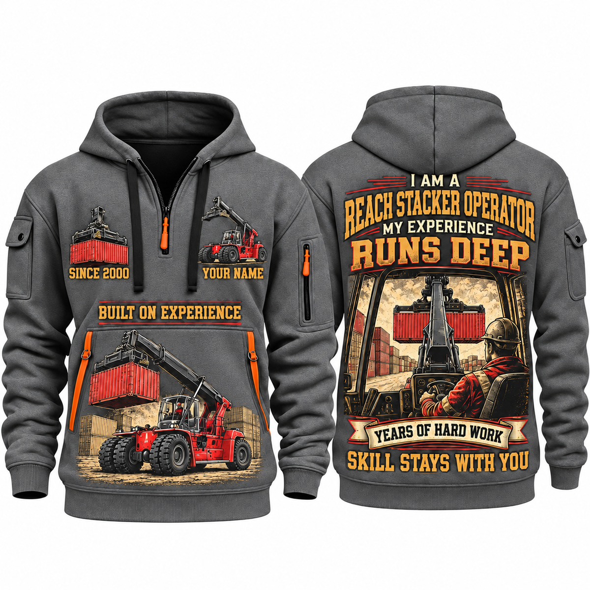 Kalmar DRG450-65S5 Reach Stacker quarter zip hoodie in Gray, front and back views, sample YOUR NAME and SINCE 2000 artwork