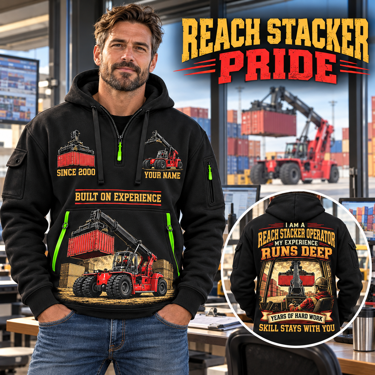 Kalmar DRG450-65S5 Reach Stacker quarter zip hoodie in Black, adult lifestyle portrait showing front and back artwork