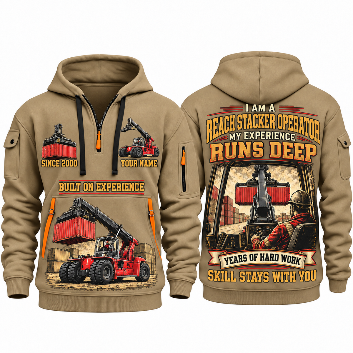 Kalmar DRG450-65S5 Reach Stacker quarter zip hoodie in Khaki, front and back views, sample YOUR NAME and SINCE 2000 artwork