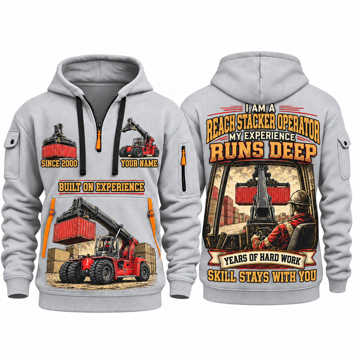 Kalmar DRG450-65S5 Reach Stacker quarter zip hoodie in Light Grey, front and back views, sample YOUR NAME and SINCE 2000 artwork