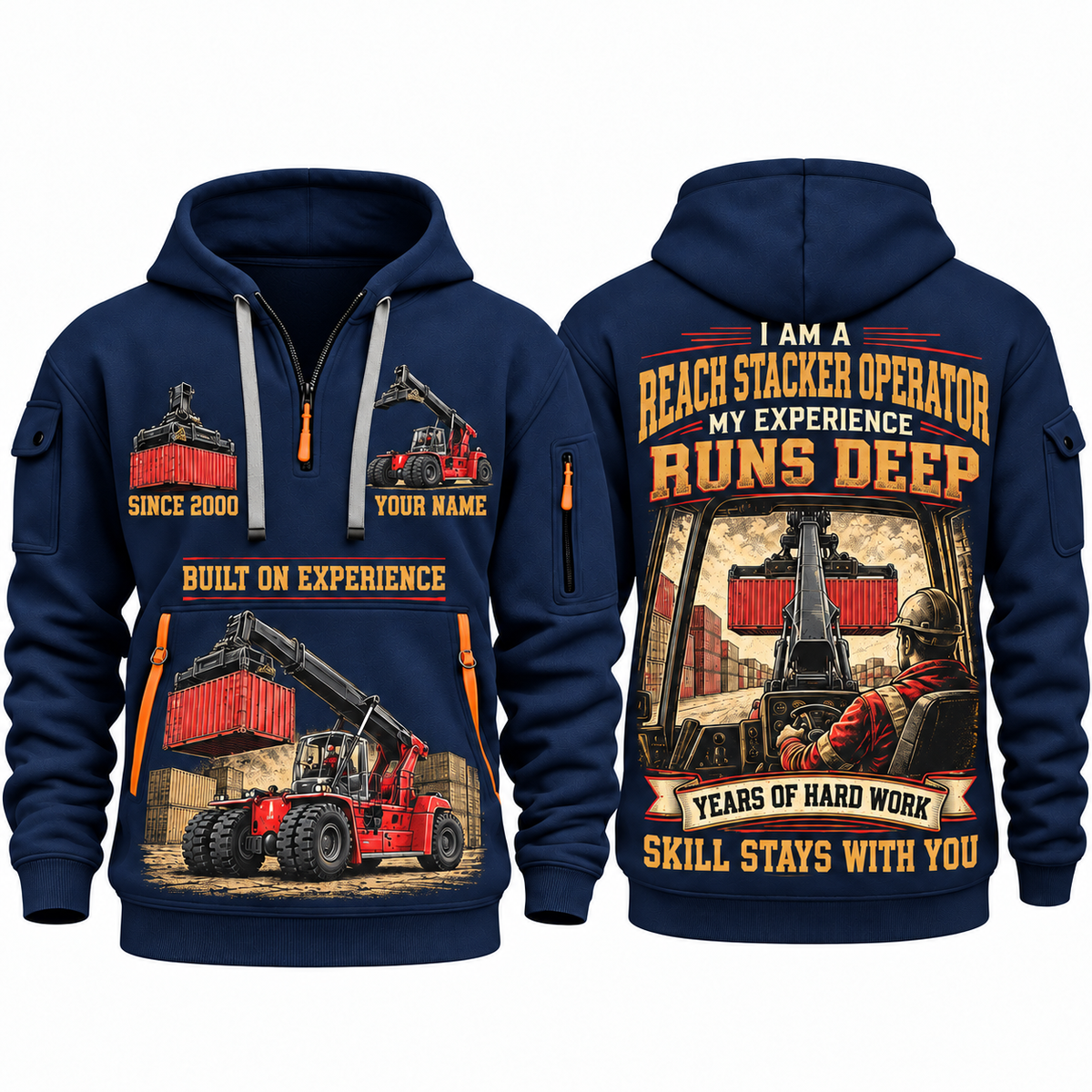 Kalmar DRG450-65S5 Reach Stacker quarter zip hoodie in Navy, front and back views, sample YOUR NAME and SINCE 2000 artwork