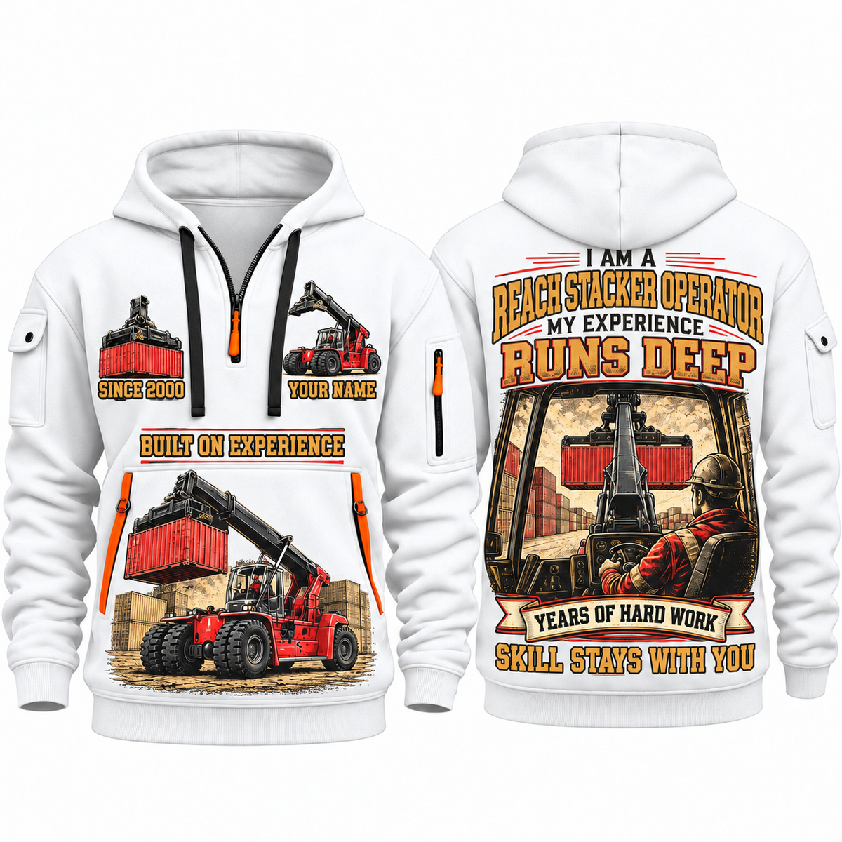 Kalmar DRG450-65S5 Reach Stacker quarter zip hoodie in White, front and back views, sample YOUR NAME and SINCE 2000 artwork