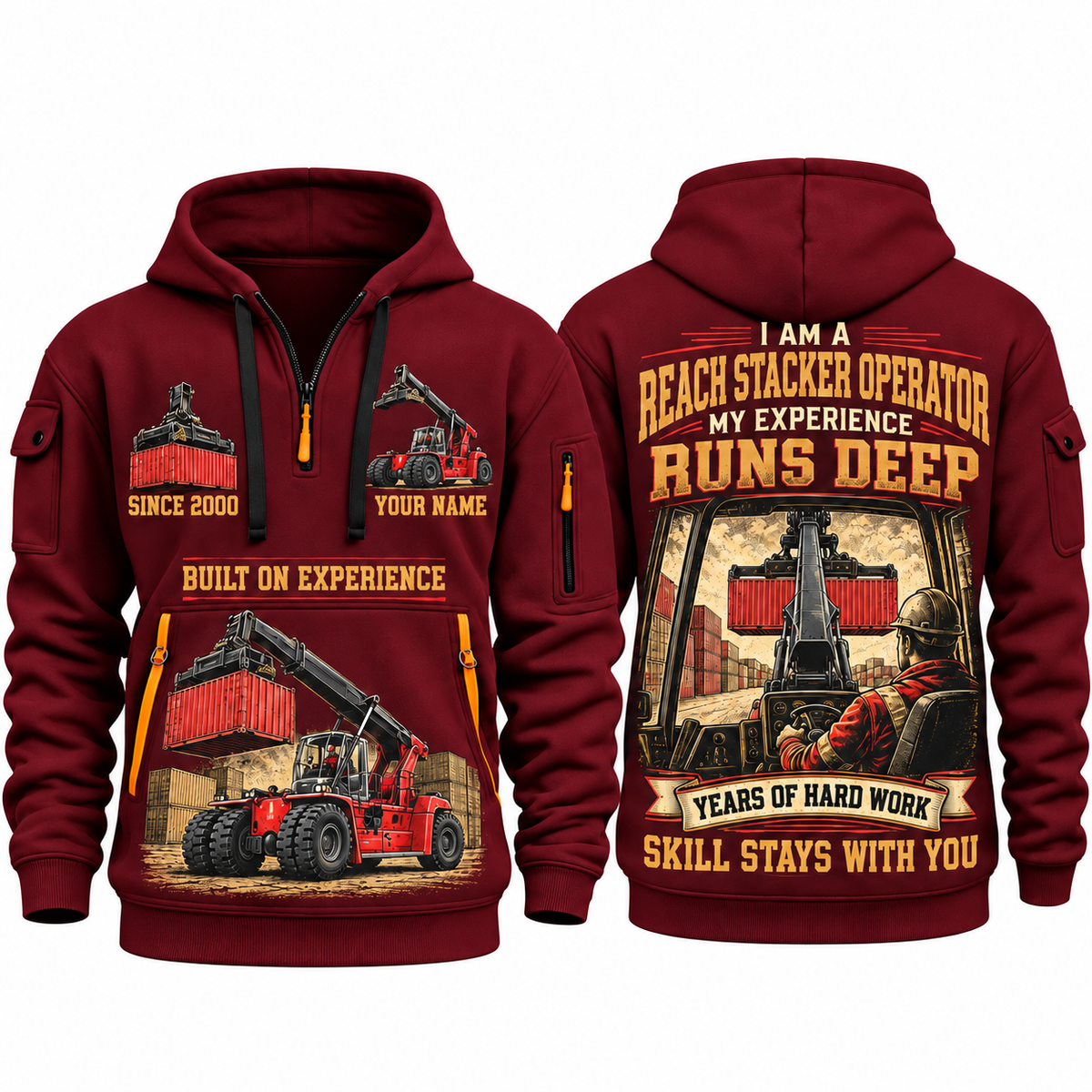 Kalmar DRG450-65S5 Reach Stacker quarter zip hoodie in Wine Red, front and back views, sample YOUR NAME and SINCE 2000 artwork