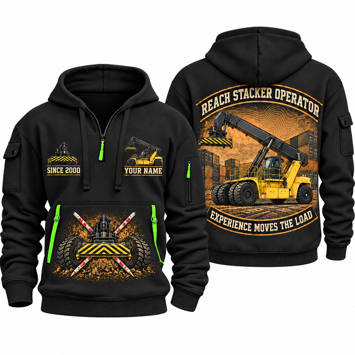 Hyster RS46-33XD/62 Reach Stacker quarter zip hoodie in Black, front and back views, sample YOUR NAME and SINCE 2000 artwork
