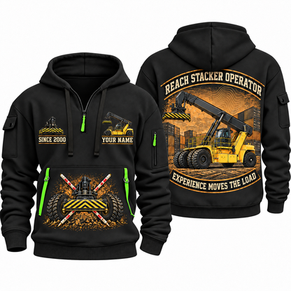 Hyster RS46-33XD/62 Reach Stacker quarter zip hoodie in Black, front and back views, sample YOUR NAME and SINCE 2000 artwork