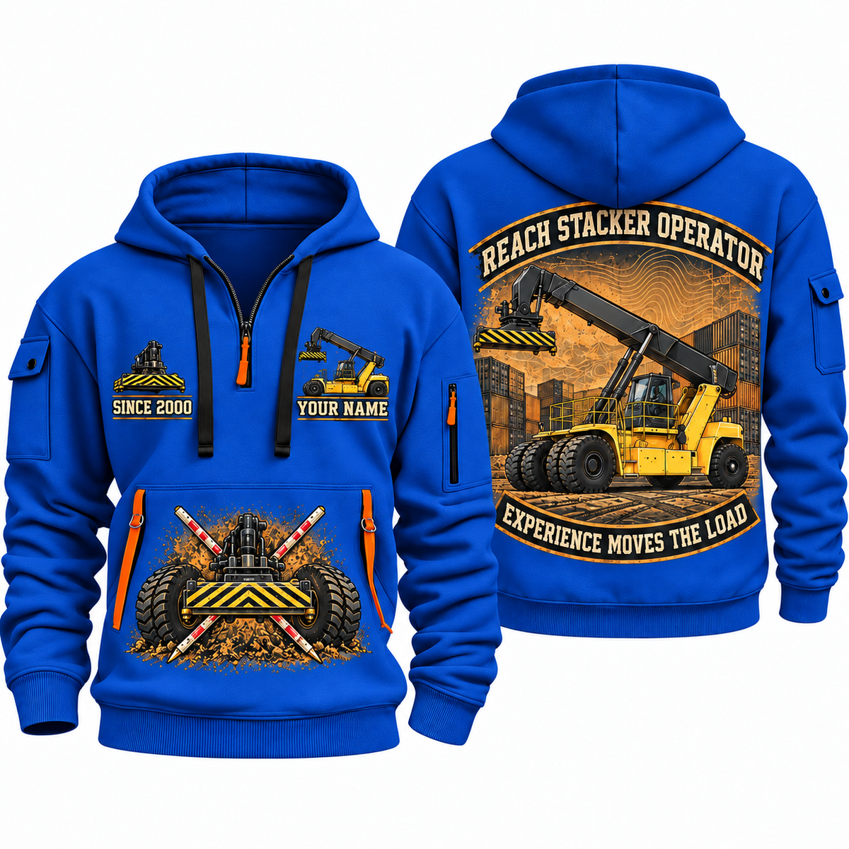 Hyster RS46-33XD/62 Reach Stacker quarter zip hoodie in Blue, front and back views, sample YOUR NAME and SINCE 2000 artwork