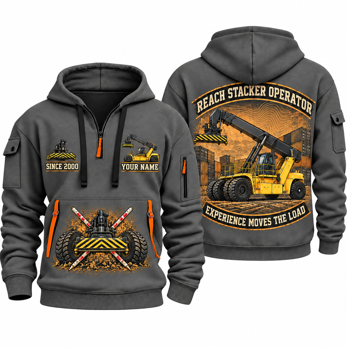 Hyster RS46-33XD/62 Reach Stacker quarter zip hoodie in Gray, front and back views, sample YOUR NAME and SINCE 2000 artwork