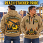 Hyster RS46-33XD/62 Reach Stacker quarter zip hoodie in Khaki, adult lifestyle portrait showing front and back artwork