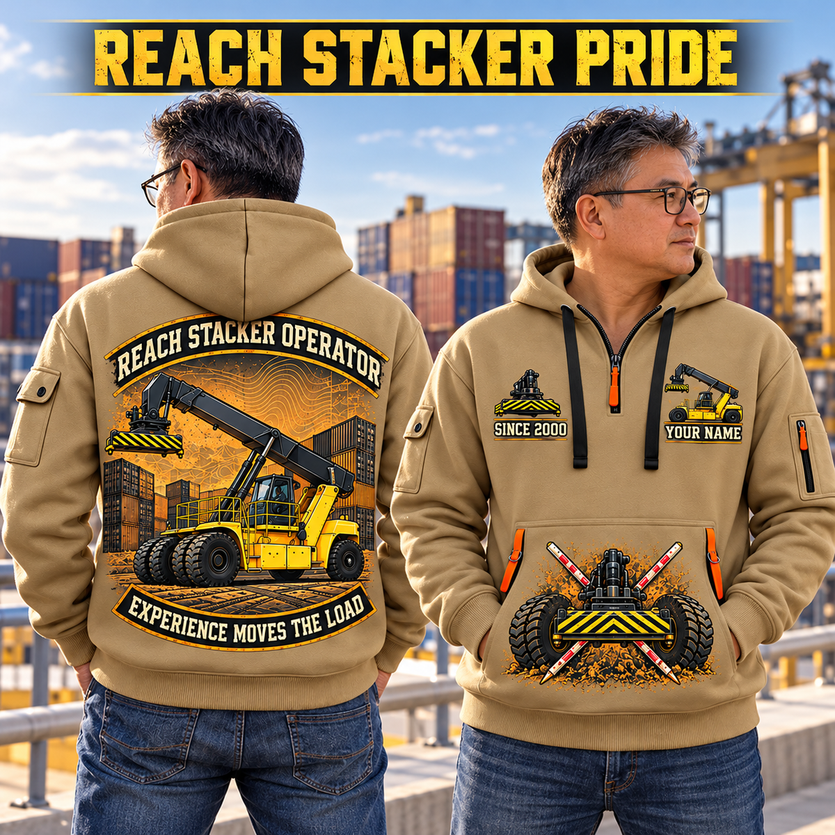 Hyster RS46-33XD/62 Reach Stacker quarter zip hoodie in Khaki, adult lifestyle portrait showing front and back artwork