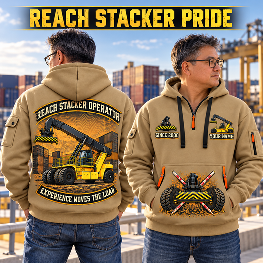 Hyster RS46-33XD/62 Reach Stacker quarter zip hoodie in Khaki, adult lifestyle portrait showing front and back artwork