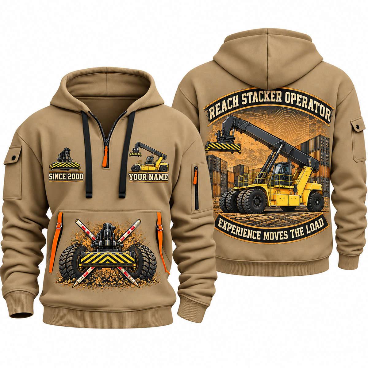Hyster RS46-33XD/62 Reach Stacker quarter zip hoodie in Khaki, front and back views, sample YOUR NAME and SINCE 2000 artwork
