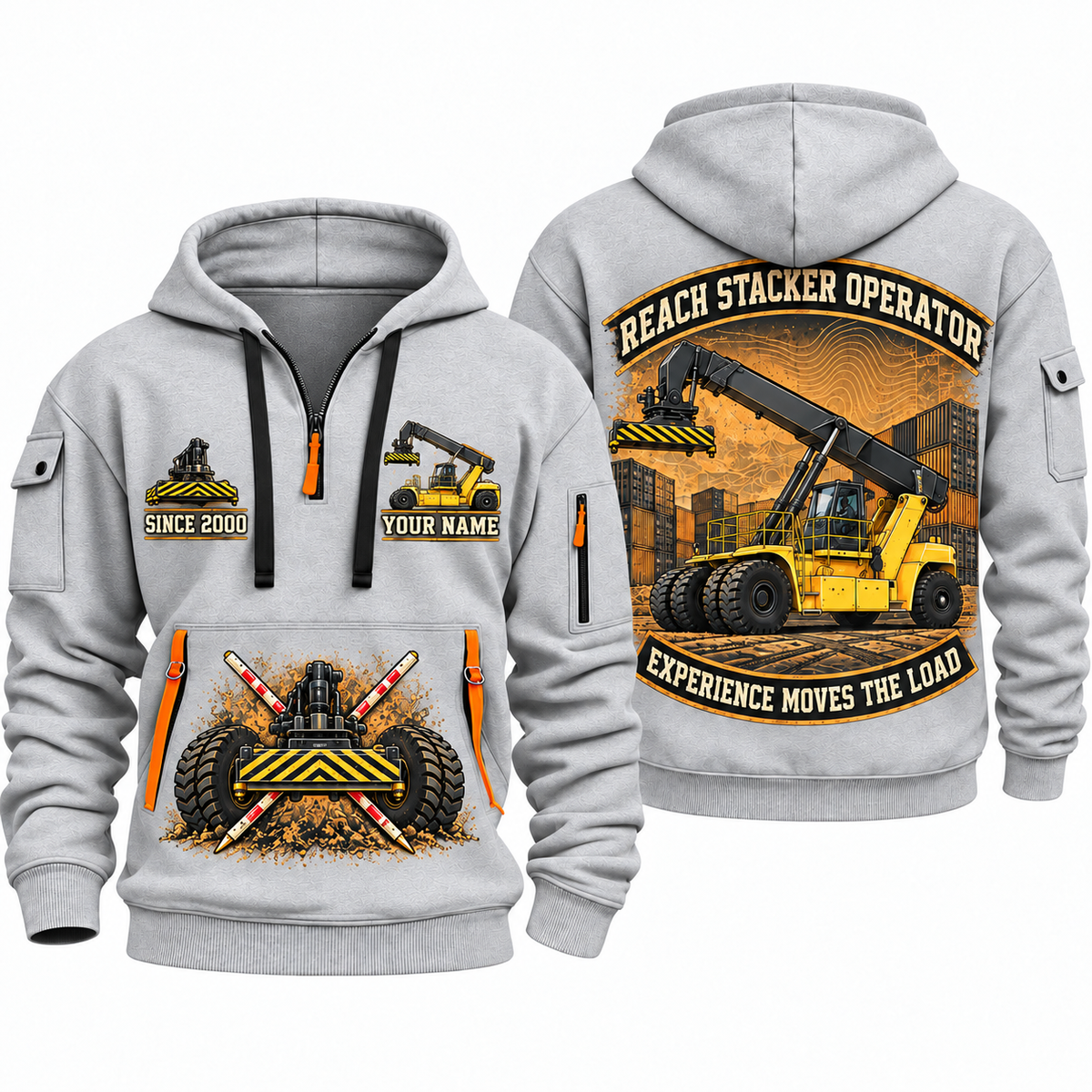 Hyster RS46-33XD/62 Reach Stacker quarter zip hoodie in Light Grey, front and back views, sample YOUR NAME and SINCE 2000 artwork