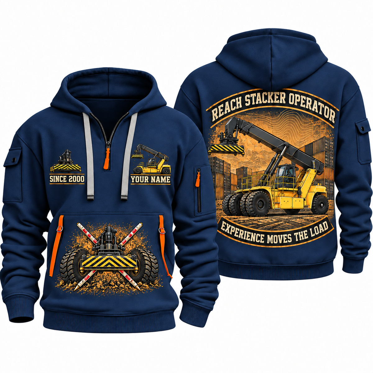 Hyster RS46-33XD/62 Reach Stacker quarter zip hoodie in Navy, front and back views, sample YOUR NAME and SINCE 2000 artwork