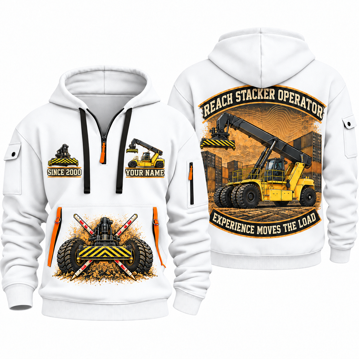 Hyster RS46-33XD/62 Reach Stacker quarter zip hoodie in White, front and back views, sample YOUR NAME and SINCE 2000 artwork