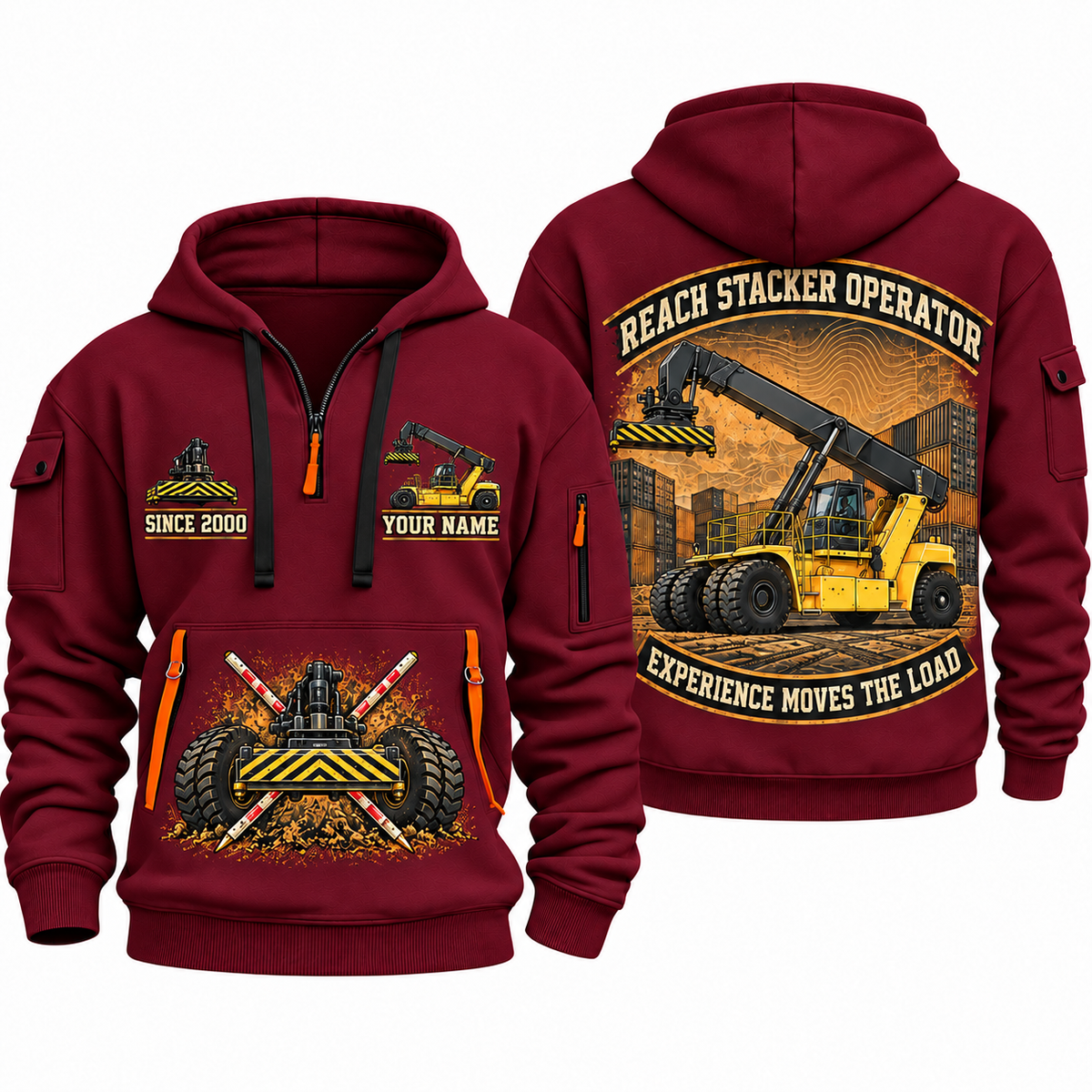 Hyster RS46-33XD/62 Reach Stacker quarter zip hoodie in Wine Red, front and back views, sample YOUR NAME and SINCE 2000 artwork
