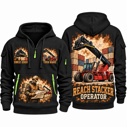 Taylor XRS-9972 Reach Stacker quarter zip hoodie in Black, front and back views, sample YOUR NAME and SINCE 2000 artwork
