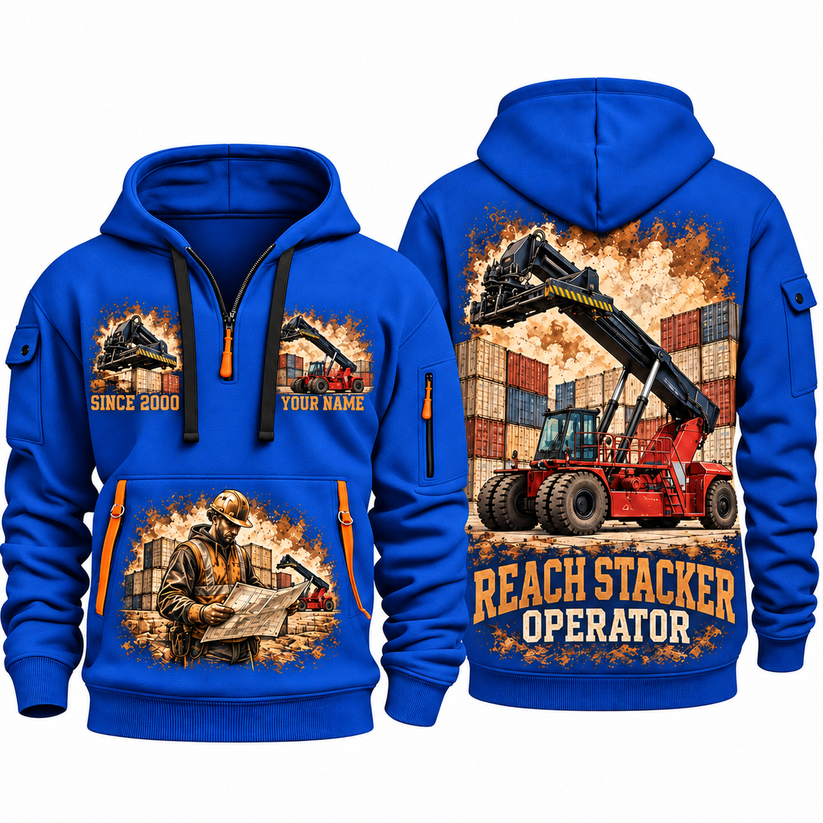 Taylor XRS-9972 Reach Stacker quarter zip hoodie in Blue, front and back views, sample YOUR NAME and SINCE 2000 artwork