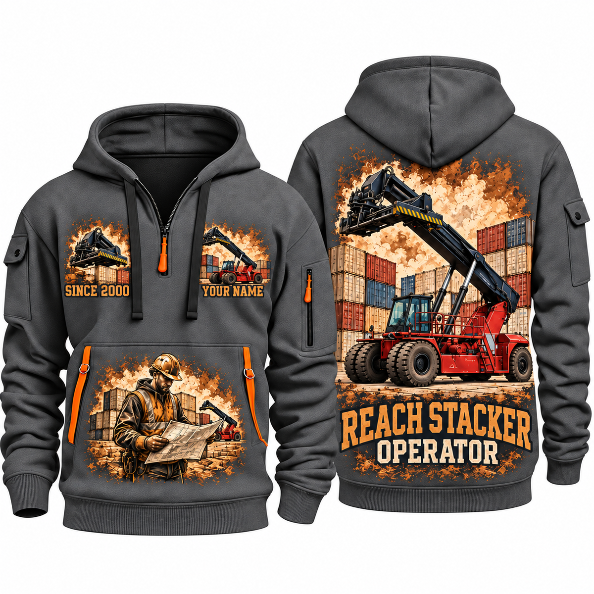 Taylor XRS-9972 Reach Stacker quarter zip hoodie in Gray, front and back views, sample YOUR NAME and SINCE 2000 artwork