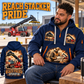 Taylor XRS-9972 Reach Stacker quarter zip hoodie in Navy, adult lifestyle portrait showing front and back artwork
