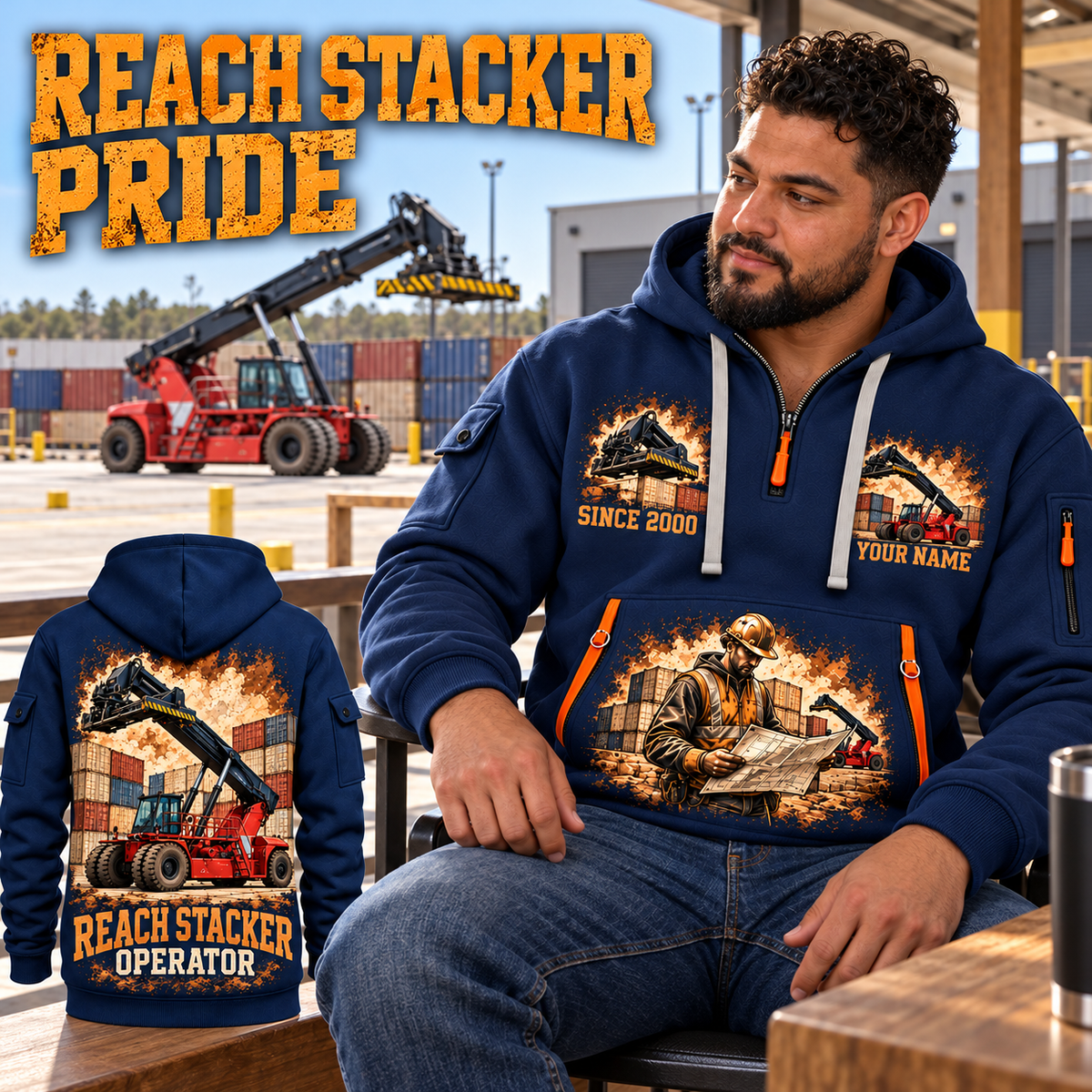 Taylor XRS-9972 Reach Stacker quarter zip hoodie in Navy, adult lifestyle portrait showing front and back artwork