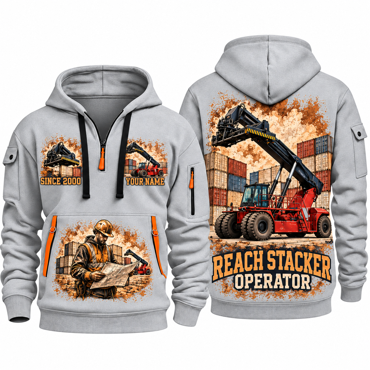Taylor XRS-9972 Reach Stacker quarter zip hoodie in Light Grey, front and back views, sample YOUR NAME and SINCE 2000 artwork