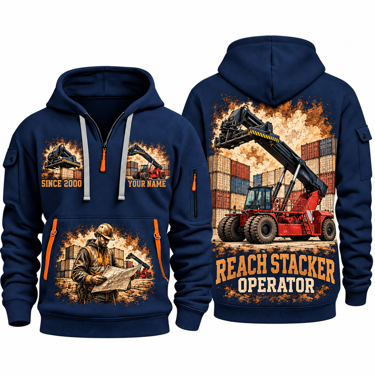 Taylor XRS-9972 Reach Stacker quarter zip hoodie in Navy, front and back views, sample YOUR NAME and SINCE 2000 artwork