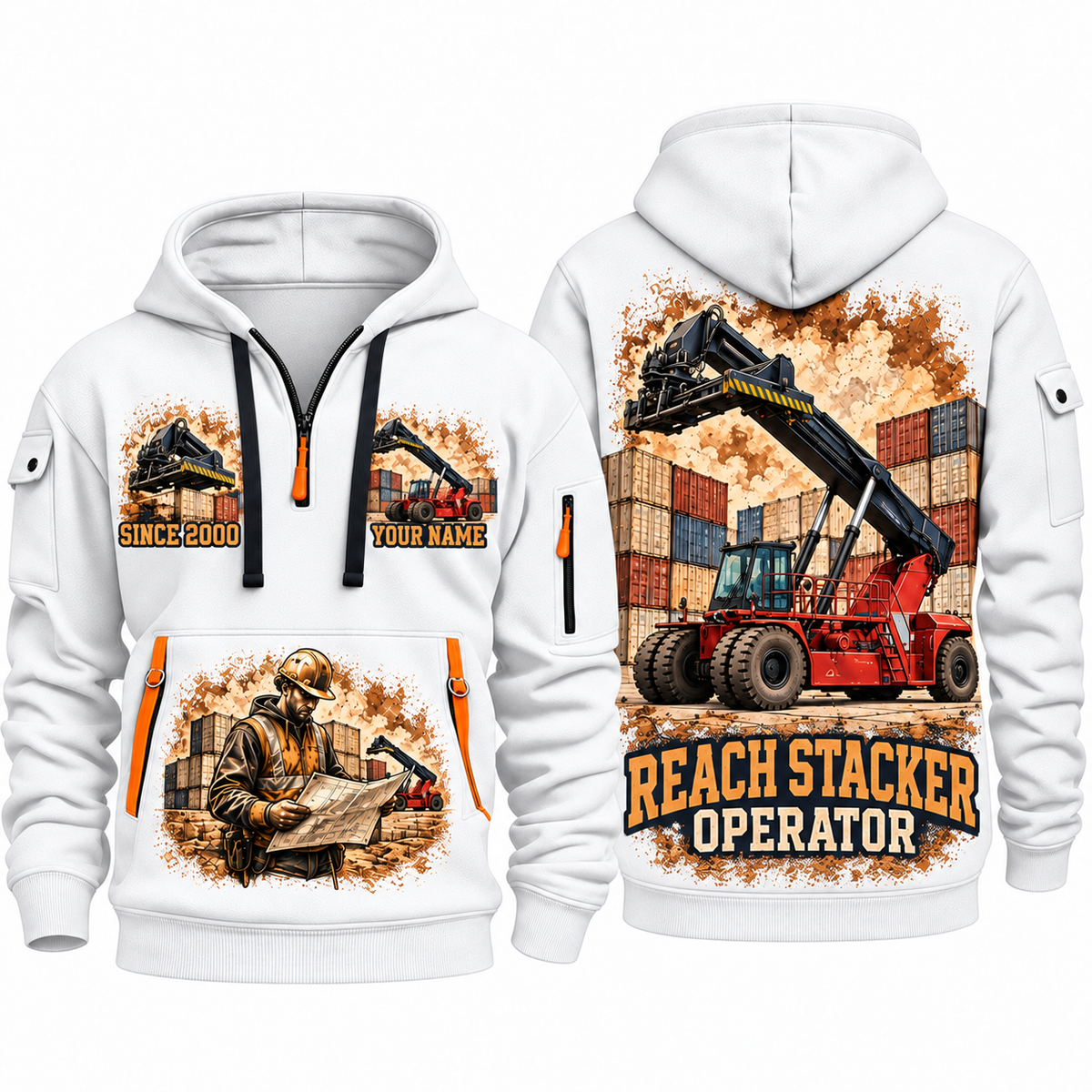 Taylor XRS-9972 Reach Stacker quarter zip hoodie in White, front and back views, sample YOUR NAME and SINCE 2000 artwork