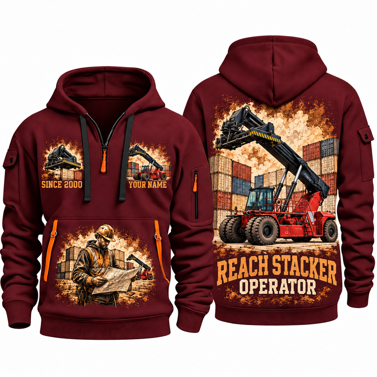 Taylor XRS-9972 Reach Stacker quarter zip hoodie in Wine Red, front and back views, sample YOUR NAME and SINCE 2000 artwork