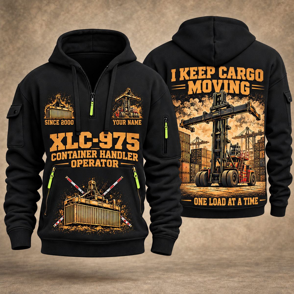 Taylor XLC-975 Container Handler quarter zip hoodie in Black, front and back views, sample YOUR NAME and SINCE 2000 artwork
