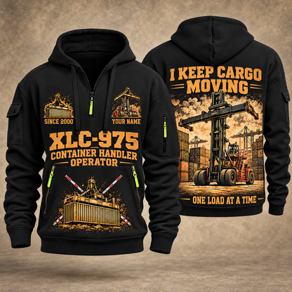 Taylor XLC-975 Container Handler quarter zip hoodie in Black, front and back views, sample YOUR NAME and SINCE 2000 artwork