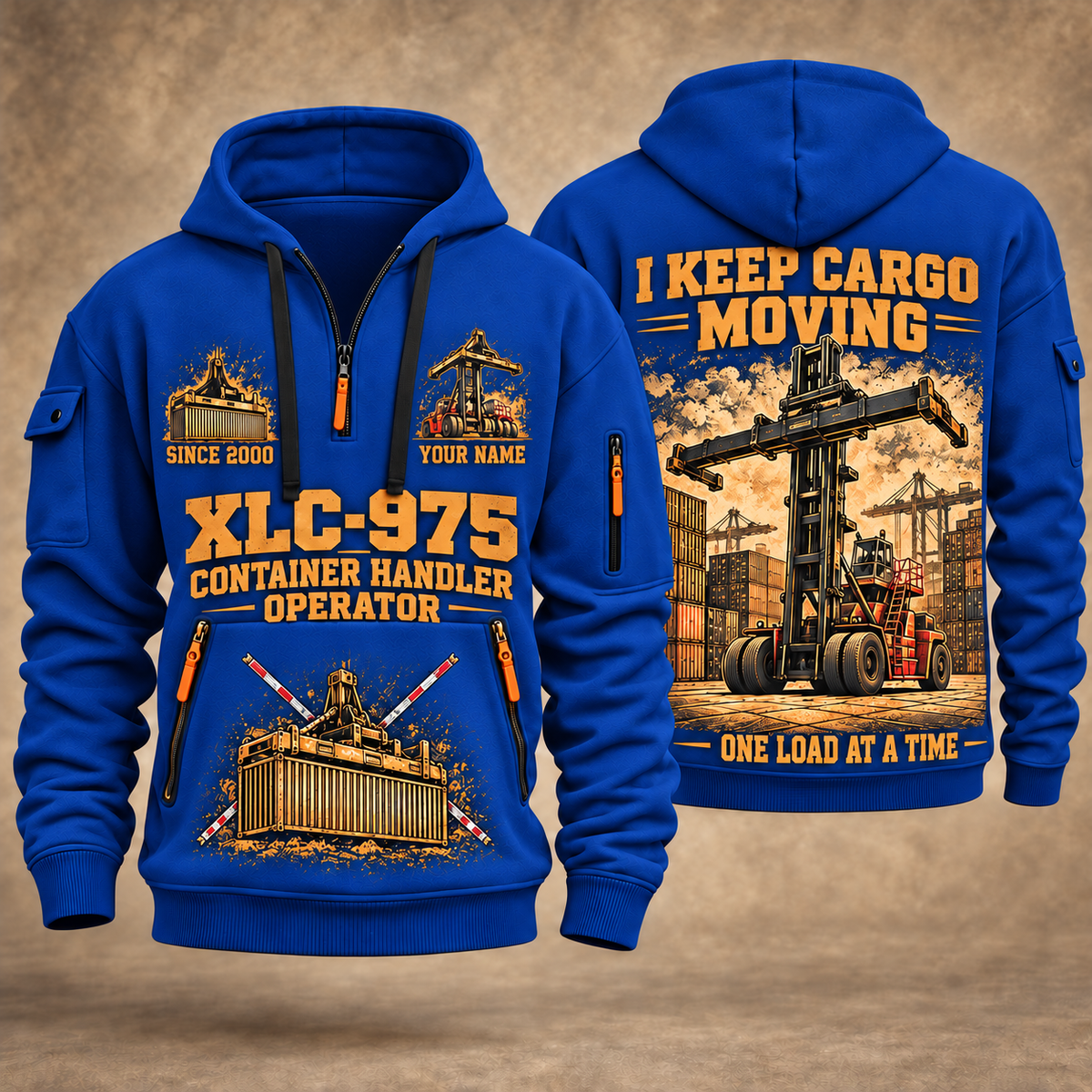 Taylor XLC-975 Container Handler quarter zip hoodie in Blue, front and back views, sample YOUR NAME and SINCE 2000 artwork