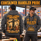 Taylor XLC-975 Container Handler quarter zip hoodie in Gray, adult lifestyle portrait showing front and back artwork