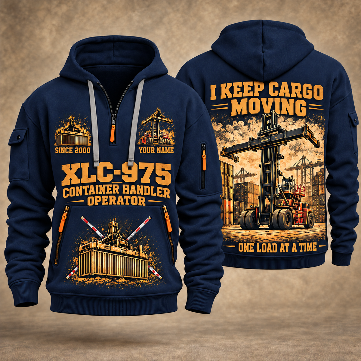Taylor XLC-975 Container Handler quarter zip hoodie in Navy, front and back views, sample YOUR NAME and SINCE 2000 artwork