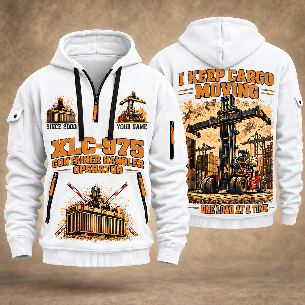 Taylor XLC-975 Container Handler quarter zip hoodie in White, front and back views, sample YOUR NAME and SINCE 2000 artwork