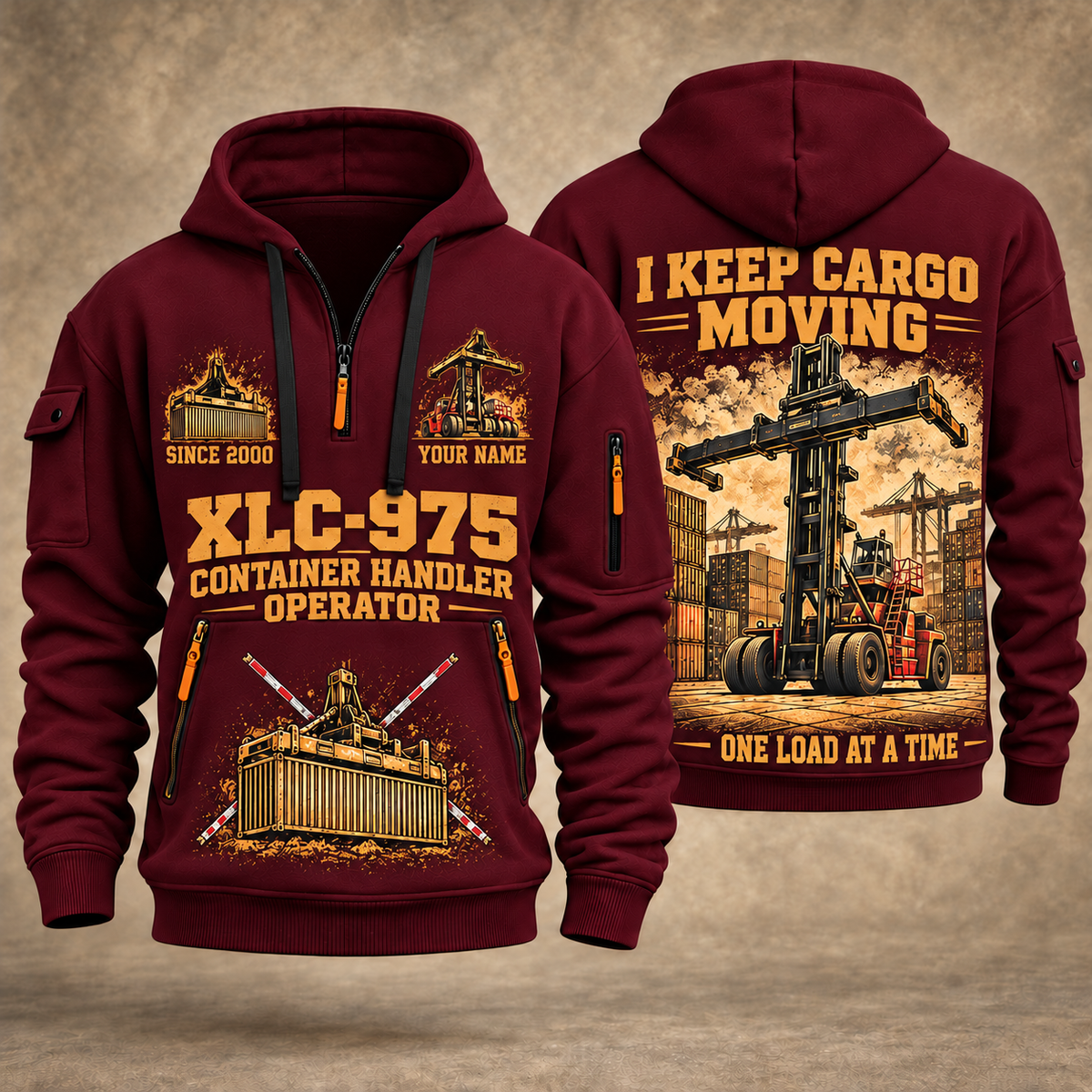 Taylor XLC-975 Container Handler quarter zip hoodie in Wine Red, front and back views, sample YOUR NAME and SINCE 2000 artwork