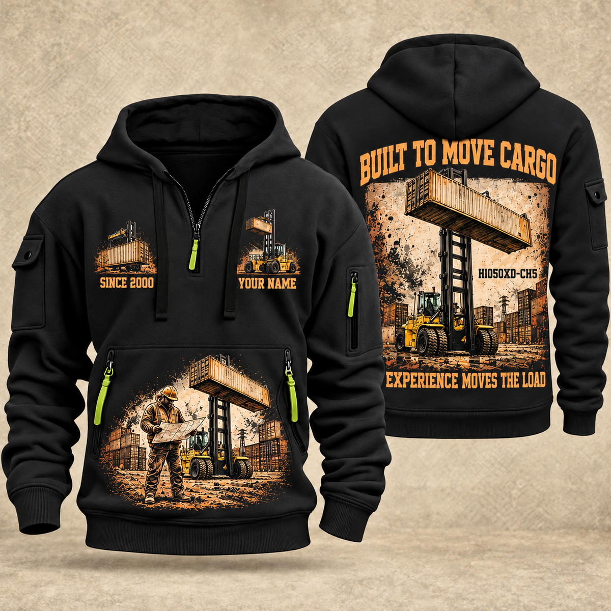 Hyster H1050XD-CH5 Container Handler quarter zip hoodie in Black, front and back views, sample YOUR NAME and SINCE 2000 artwork