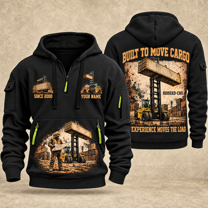 Hyster H1050XD-CH5 Container Handler quarter zip hoodie in Black, front and back views, sample YOUR NAME and SINCE 2000 artwork