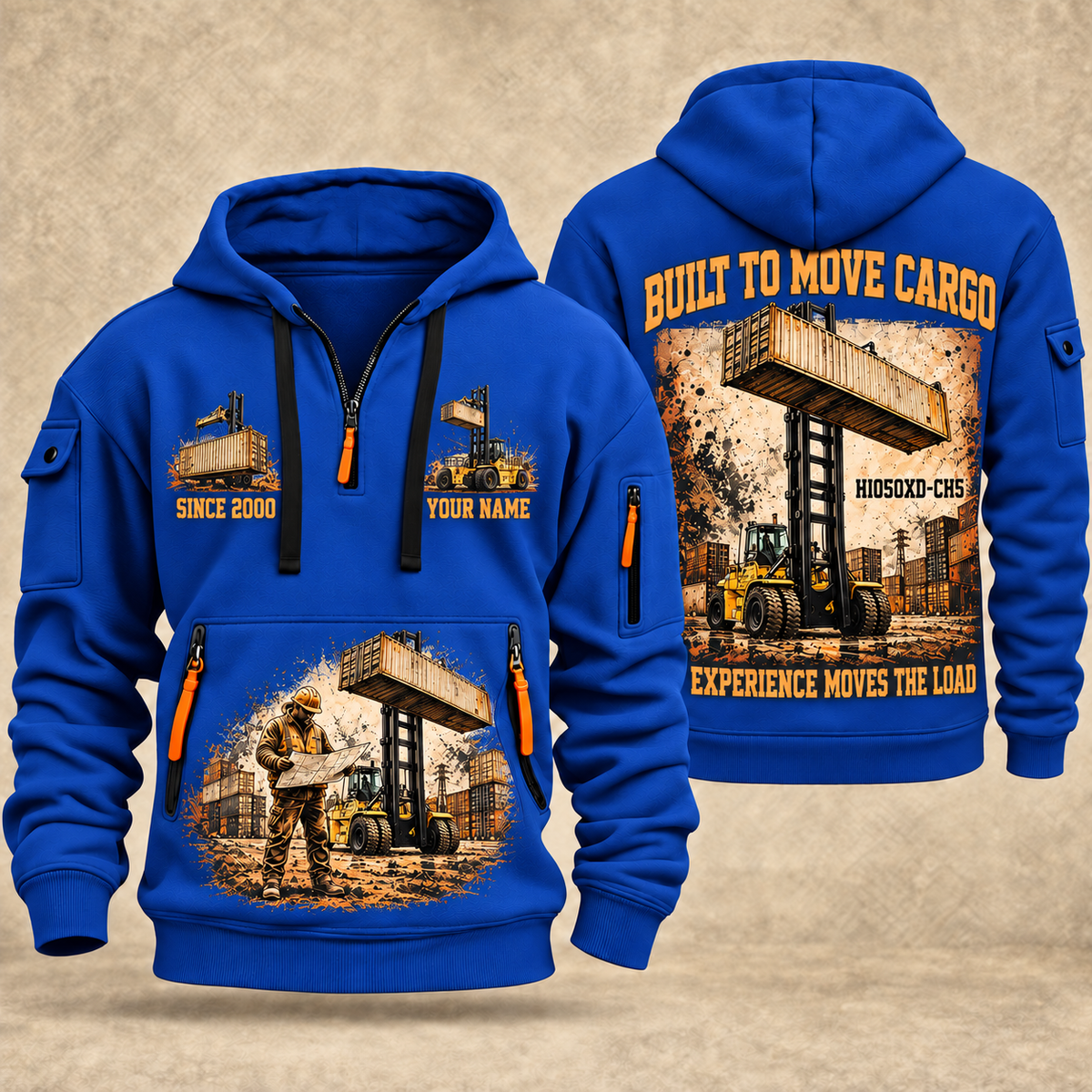 Hyster H1050XD-CH5 Container Handler quarter zip hoodie in Blue, front and back views, sample YOUR NAME and SINCE 2000 artwork