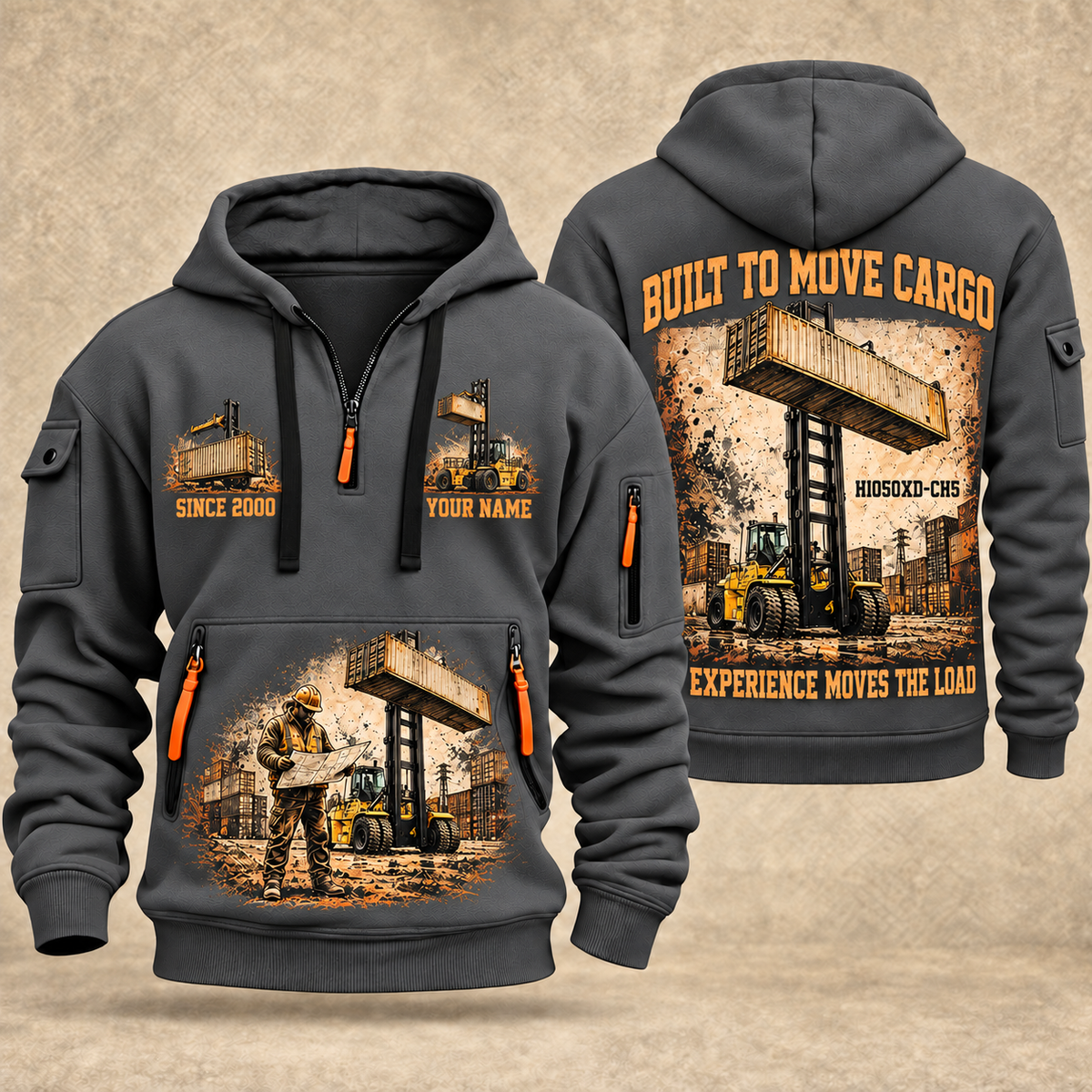 Hyster H1050XD-CH5 Container Handler quarter zip hoodie in Gray, front and back views, sample YOUR NAME and SINCE 2000 artwork