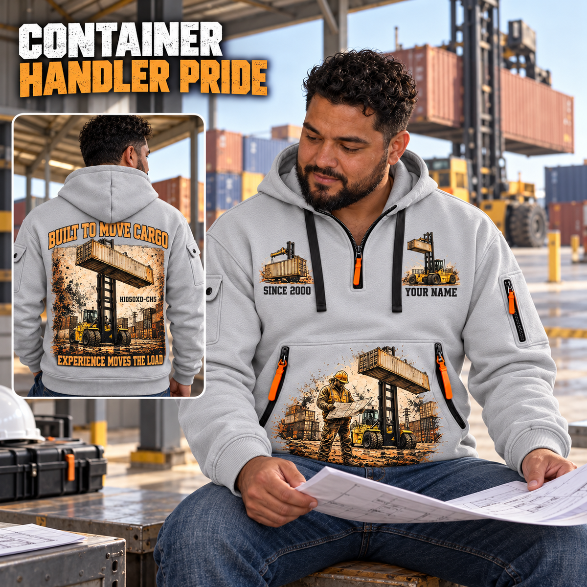 Hyster H1050XD-CH5 Container Handler quarter zip hoodie in Light Grey, adult lifestyle portrait showing front and back artwork