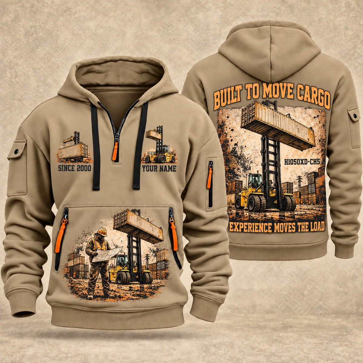Hyster H1050XD-CH5 Container Handler quarter zip hoodie in Khaki, front and back views, sample YOUR NAME and SINCE 2000 artwork