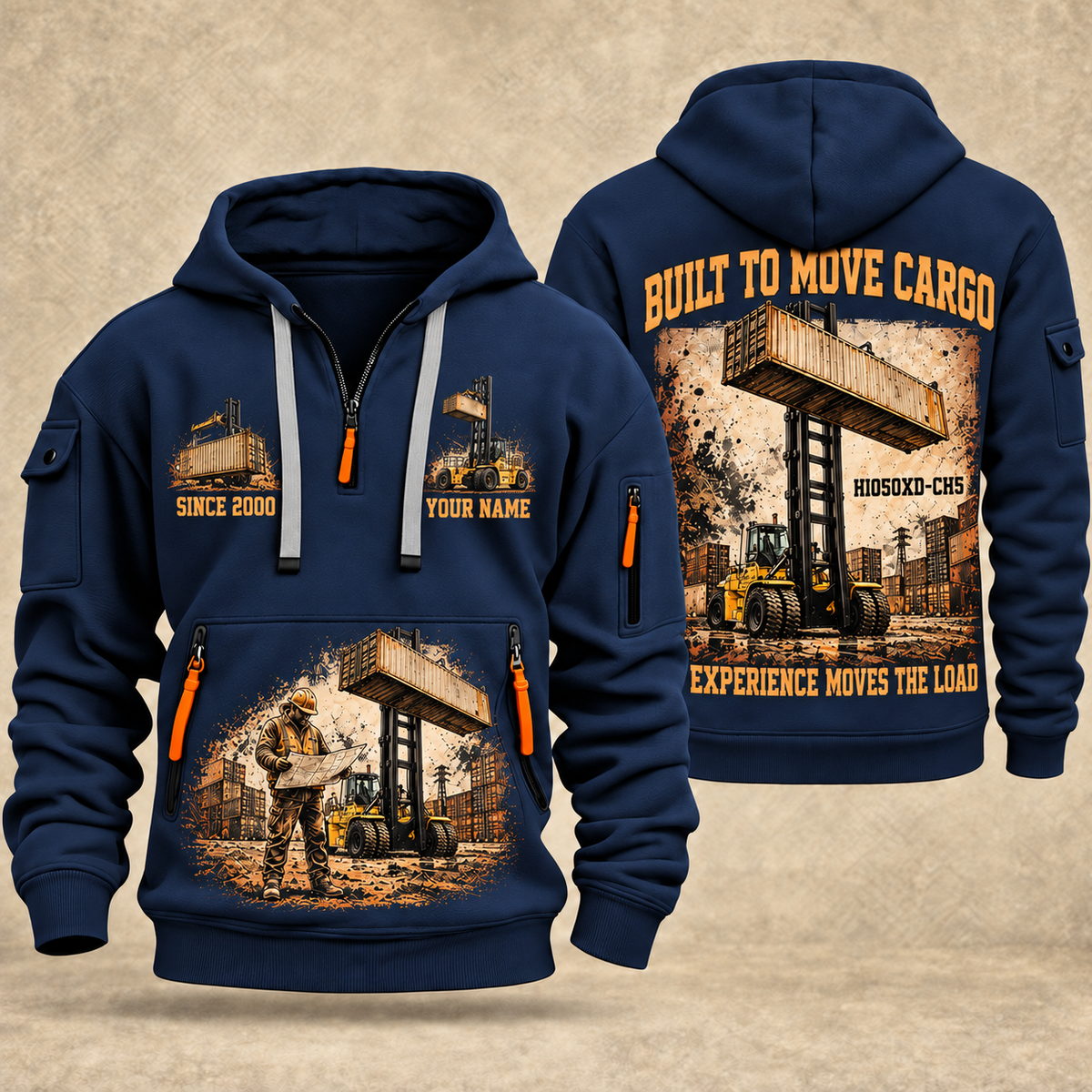 Hyster H1050XD-CH5 Container Handler quarter zip hoodie in Navy, front and back views, sample YOUR NAME and SINCE 2000 artwork