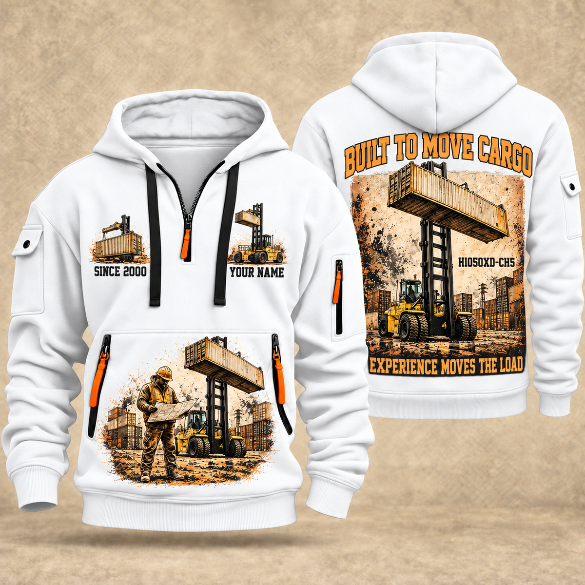 Hyster H1050XD-CH5 Container Handler quarter zip hoodie in White, front and back views, sample YOUR NAME and SINCE 2000 artwork