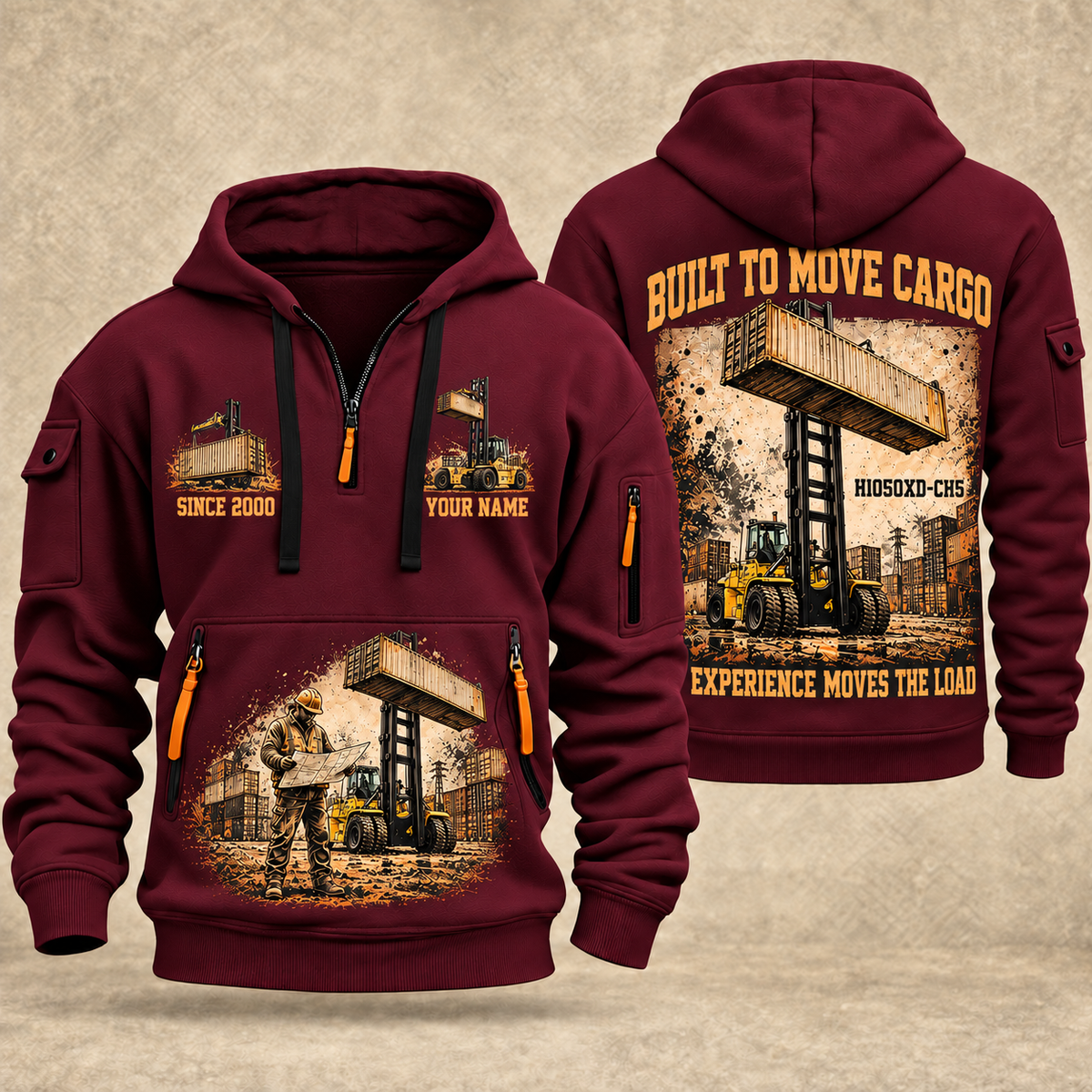 Hyster H1050XD-CH5 Container Handler quarter zip hoodie in Wine Red, front and back views, sample YOUR NAME and SINCE 2000 artwork