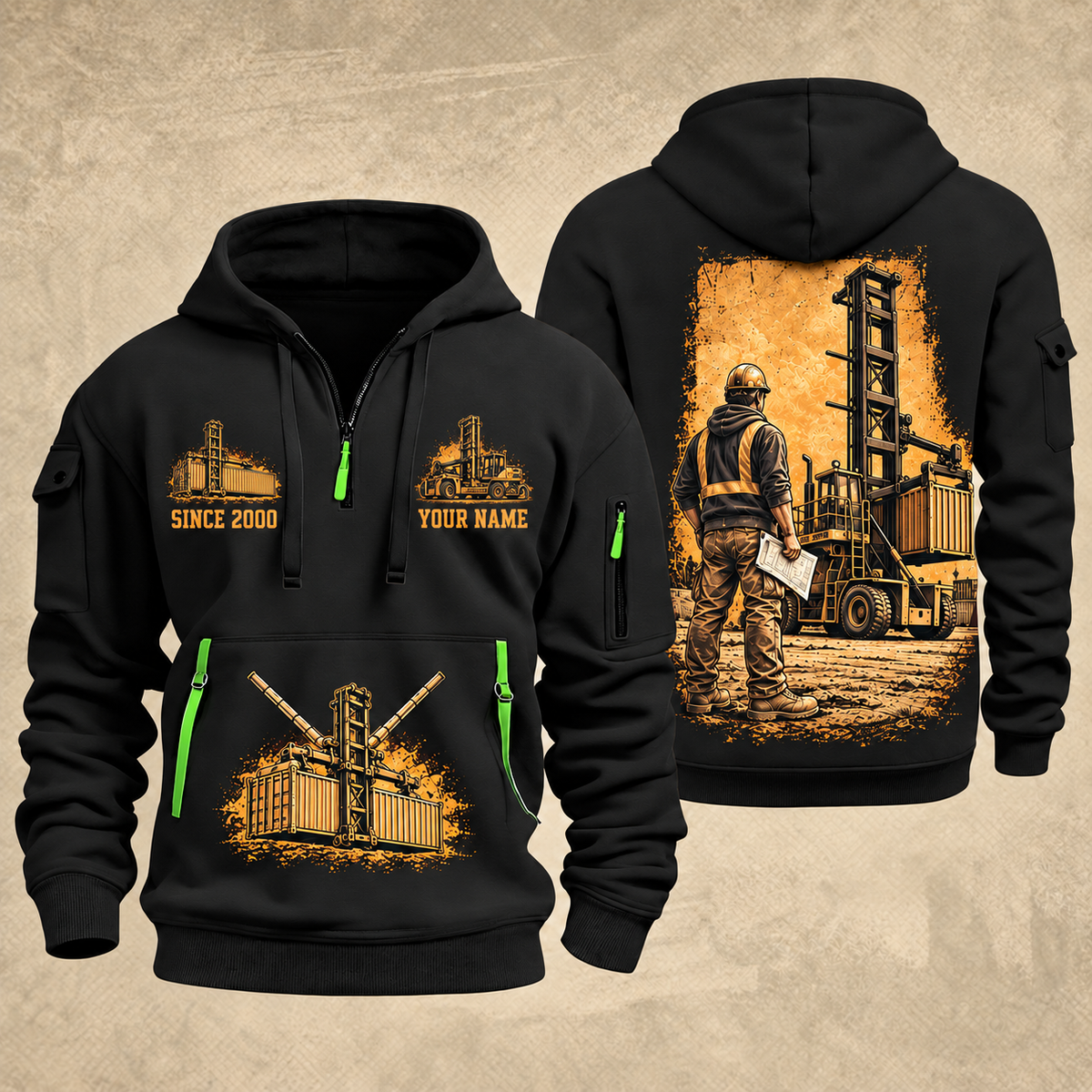 Taylor XEC-207/8 Empty Container Handler quarter zip hoodie in Black, front and back views, sample YOUR NAME and SINCE 2000 artwork