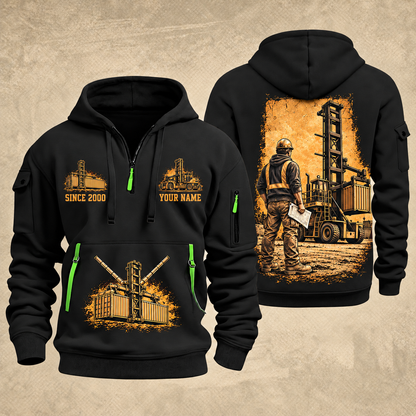 Taylor XEC-207/8 Empty Container Handler quarter zip hoodie in Black, front and back views, sample YOUR NAME and SINCE 2000 artwork